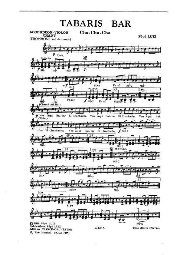 télécharger la partition d'accordéon Tabaris Bar (Orchestration Complète) (Cha Cha Cha) au format PDF
