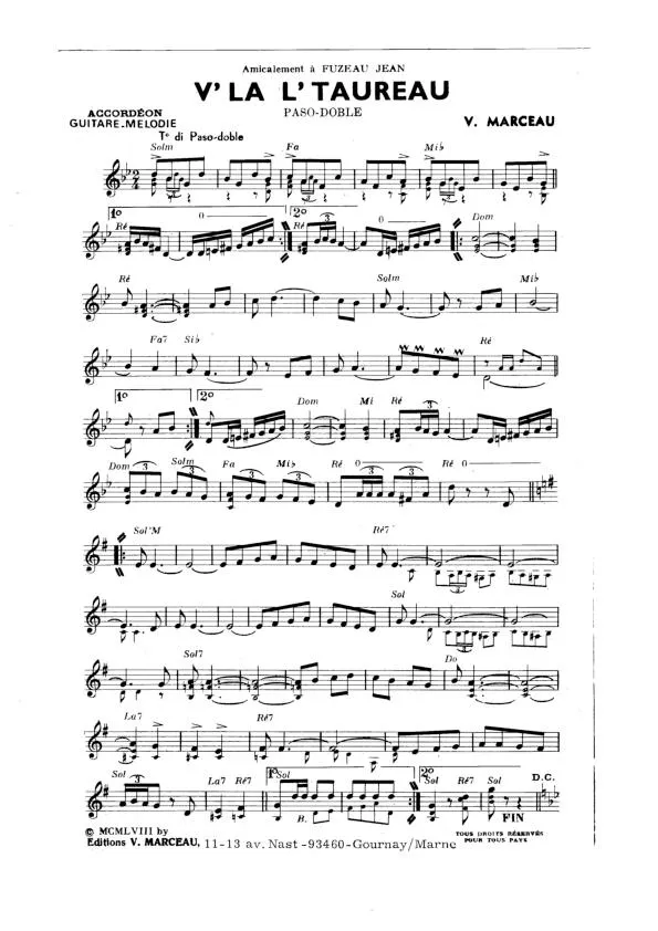 télécharger la partition d'accordéon V'la l' taureau (Paso Doble) au format PDF