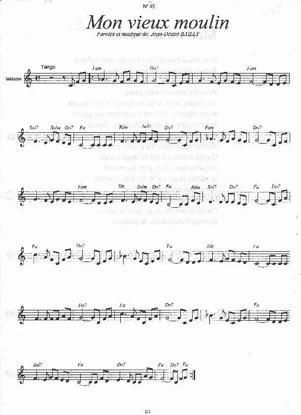 télécharger la partition d'accordéon Mon vieux moulin (Tango Chanté) au format PDF