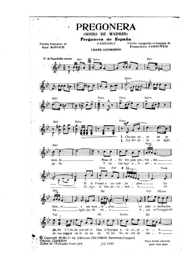 télécharger la partition d'accordéon Pregonera (Soirs de Madrid) (Pregonera de España) (Orchestration Complète) (Paso Doble) au format PDF