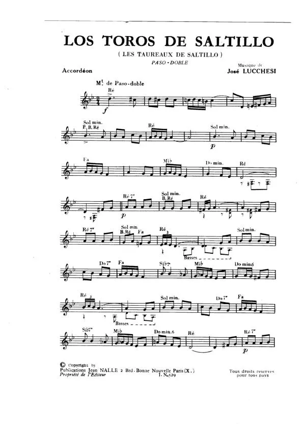 télécharger la partition d'accordéon Los toros de Saltillo (Les taureaux de Saltillo) (Orchestration Complète) (Paso Doble) au format PDF