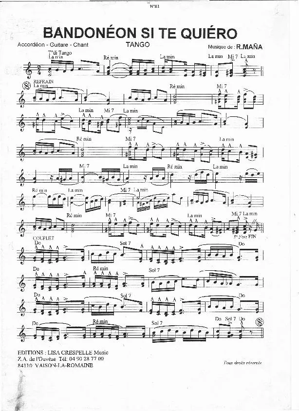 télécharger la partition d'accordéon Bandonéon si te quièro (Tango) au format PDF