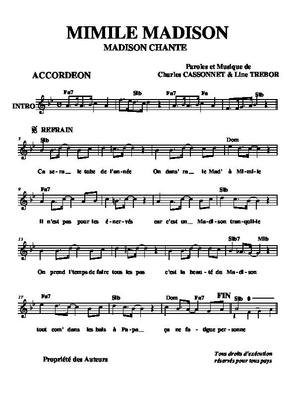 télécharger la partition d'accordéon Mimile Madison au format PDF