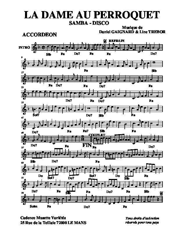 télécharger la partition d'accordéon La dame au perroquet (Samba Disco) au format PDF