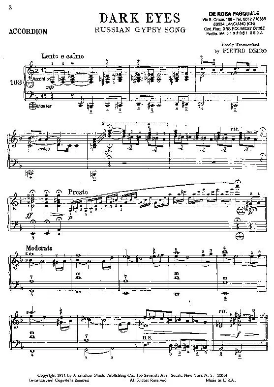 télécharger la partition d'accordéon Dark Eyes (Les yeux noirs) (Arrangement Pietro Deiro) au format PDF