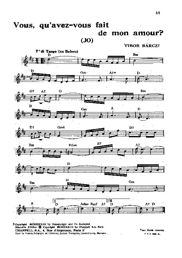télécharger la partition d'accordéon Vous qu'avez vous fait de mon amour (Jo) (Tango Boléro) au format PDF