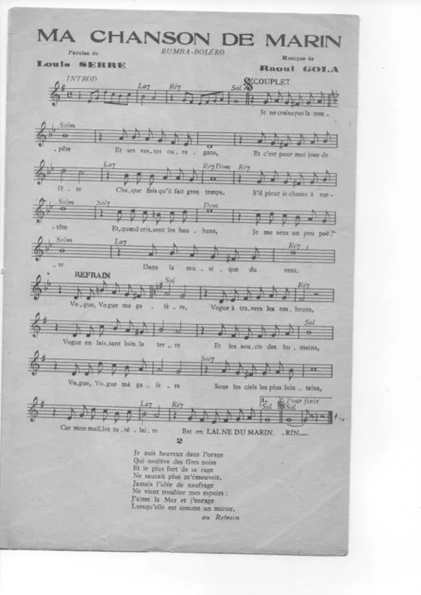 télécharger la partition d'accordéon Ma chanson de marin (Rumba Boléro Chanté) au format PDF