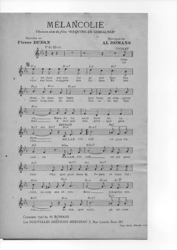 télécharger la partition d'accordéon Mélancolie (Du Film : Requins de Gibraltar) (Slow Chanté) au format PDF