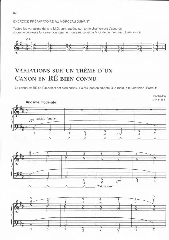 télécharger la partition d'accordéon Canon en D (Variations sur le thème Cours de Base Alfred pour Piano pour Adultes) (Livre leçons 2) au format PDF