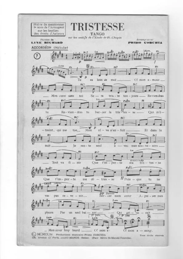 télécharger la partition d'accordéon Tristesse (Sur les motifs de l'étude de Frédéric Chopin) (Tango Chanté) au format PDF