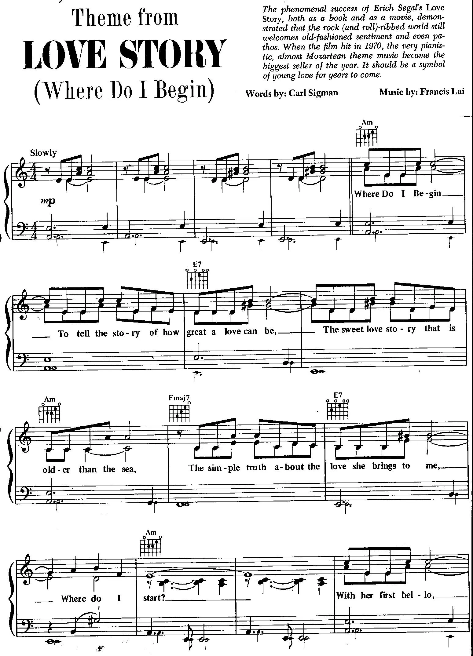 télécharger la partition d'accordéon Love Story (Where do I beguin) au format PDF