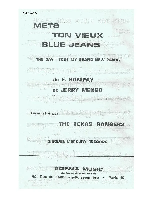 télécharger la partition d'accordéon Mets ton vieux blue jeans (The day I tore my brand new pants) (Arrangement : Maurice Baile) (Chant : The Texas Rangers) au format PDF
