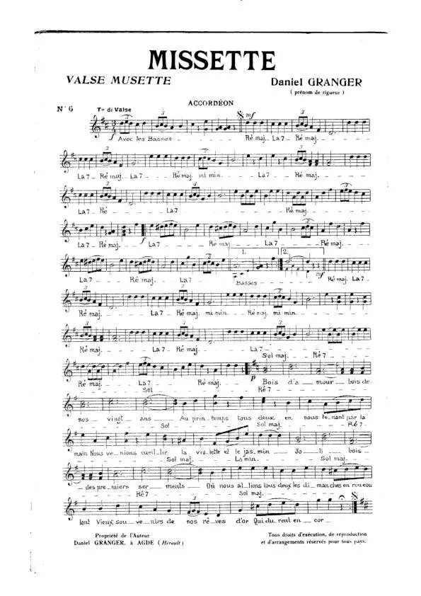 télécharger la partition d'accordéon Missette (Valse Musette) au format PDF