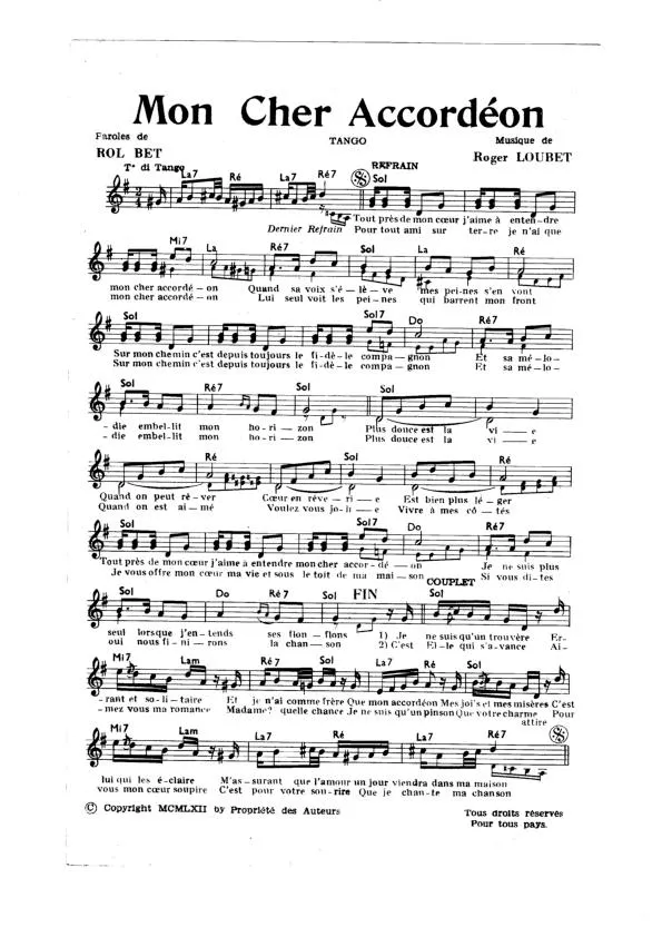 télécharger la partition d'accordéon Mon cher accordéon (Tango Chanté) au format PDF