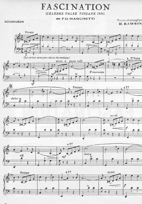 télécharger la partition d'accordéon Fascination (Arrangement : Henri Rawson) (Valse Tzigane) au format PDF