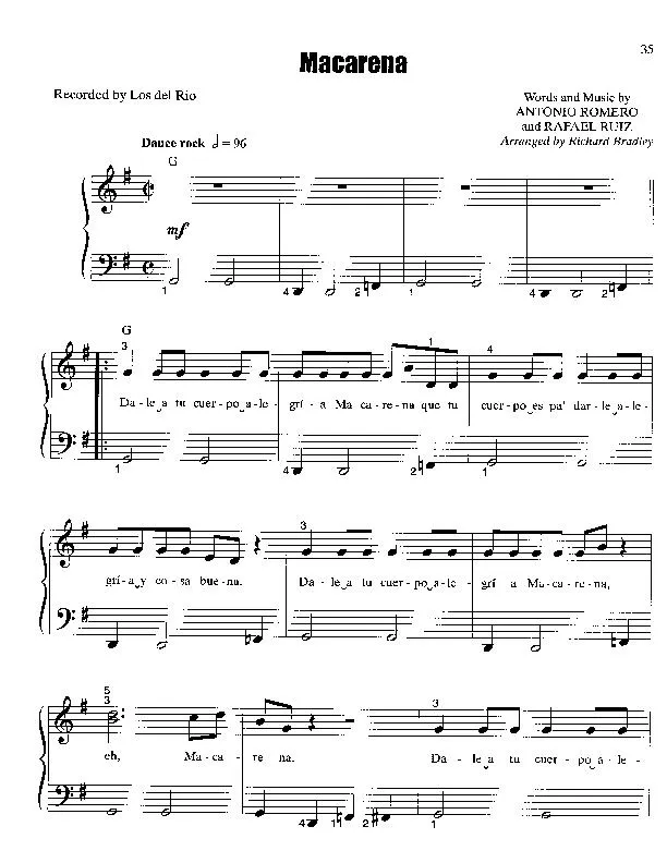 télécharger la partition d'accordéon Macarena (Arrangement : Richard Bradley) (Chant : Los del Rio) (Dance rock) au format PDF