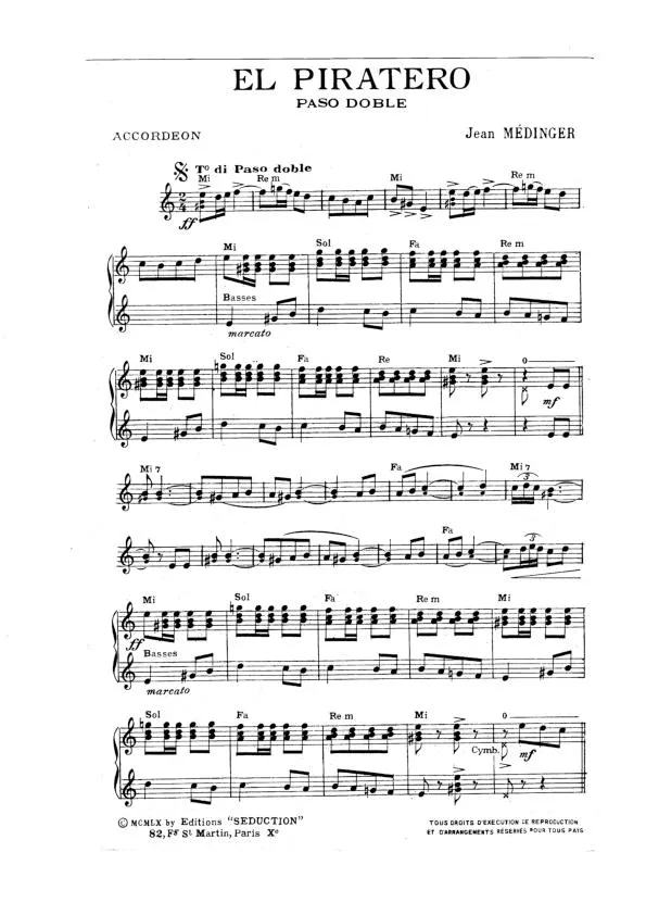 télécharger la partition d'accordéon El Piratero (Orchestration Complète) (Paso Doble) au format PDF
