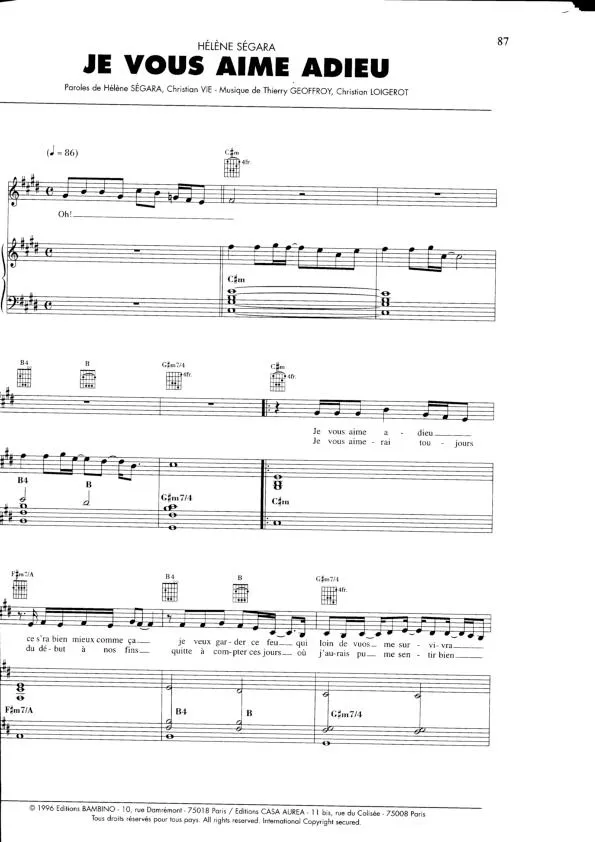 télécharger la partition d'accordéon Je vous aime adieu (Chant : Hélène Ségara) au format PDF