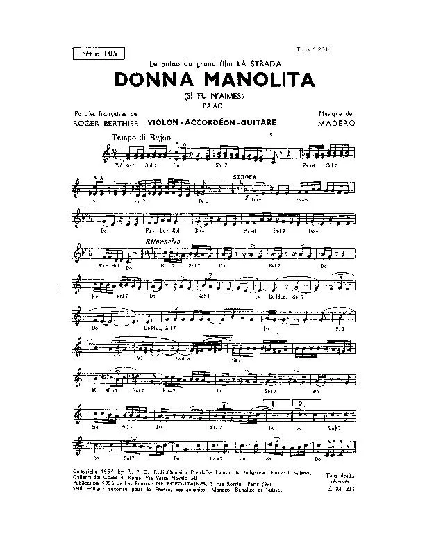 télécharger la partition d'accordéon Donna Manolita (Si tu m'aimes) (Du film : La Strada) (Baiao) au format PDF
