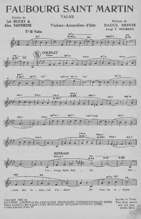 télécharger la partition d'accordéon Faubourg Saint Martin (Arrangement Yvonne Thomson) (Valse Chantée) au format PDF