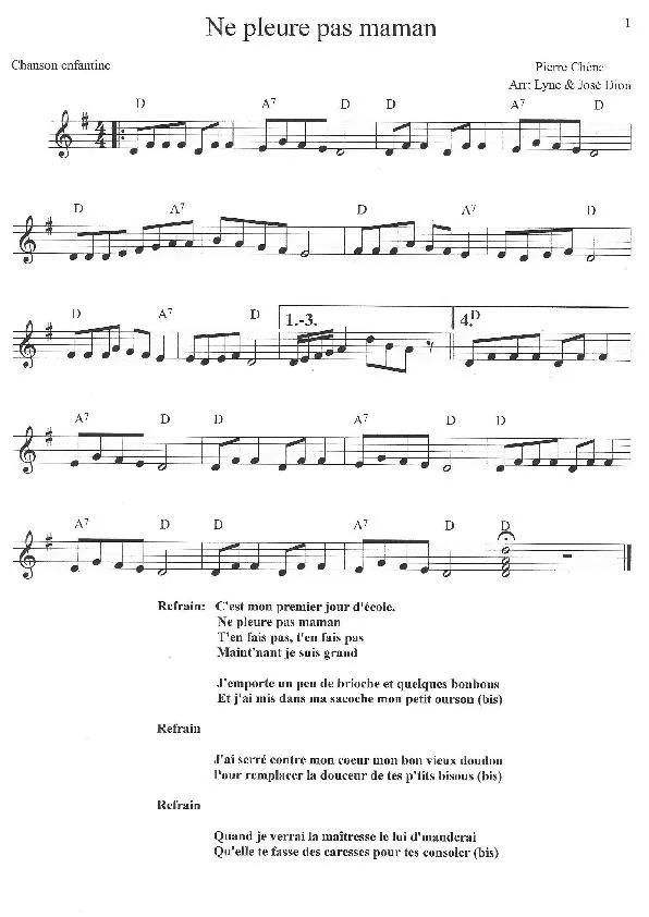 télécharger la partition d'accordéon Ne pleure pas maman (Arrangement Lyne et Jodi) (Chanson Enfantine) au format PDF