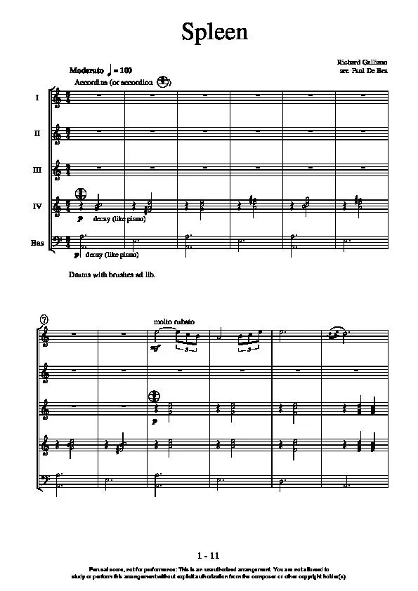 télécharger la partition d'accordéon Spleen (Arrangement Paul de Bra) (Orchestration) au format PDF