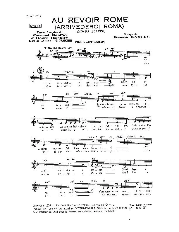 télécharger la partition d'accordéon Au revoir Rome (Arrivederci Roma) (Rumba Boléro) au format PDF
