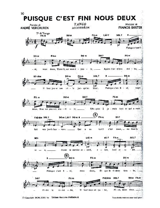 télécharger la partition d'accordéon Puisque c'est fini nous deux (Tango) au format PDF