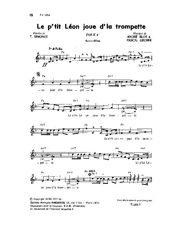 télécharger la partition d'accordéon Le p'tit Léon joue d' la trompette (Polka) au format PDF