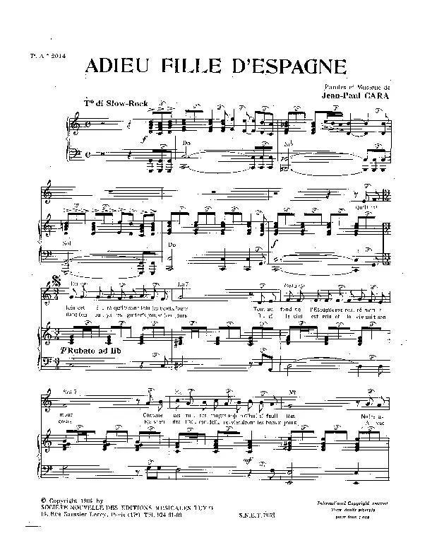 télécharger la partition d'accordéon Adieu fille d'Espagne (Slow Rock) au format PDF