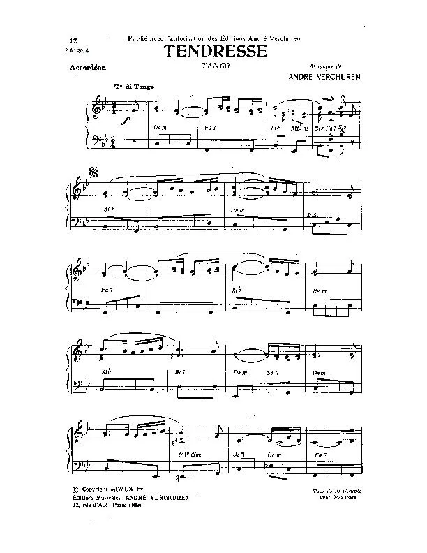 télécharger la partition d'accordéon Tendresse (Tango) au format PDF