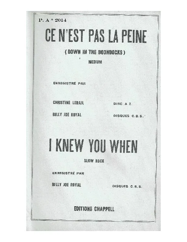 télécharger la partition d'accordéon I knew you when (Enregistré par : Billy Joe Royal) (Orchestration Complète) (Slow Rock) au format PDF