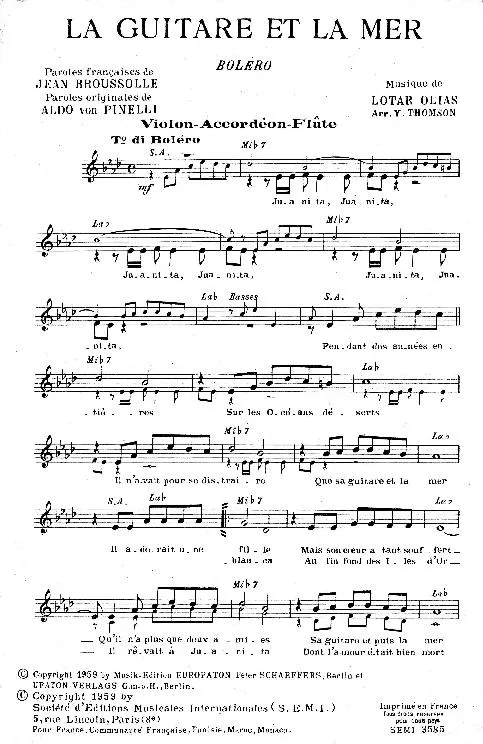télécharger la partition d'accordéon La guitare et la mer (Arrangement Yvonne Thomson) (Boléro) au format PDF