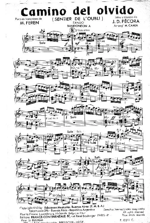 télécharger la partition d'accordéon Camino del olvido (Sentier de l'oubli) (Arrangement Marcel Camia) (Tango) au format PDF
