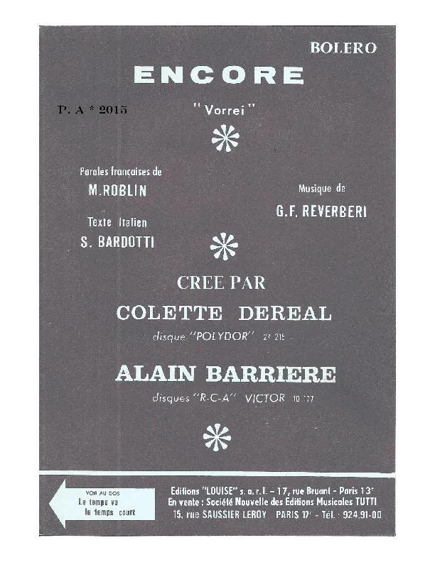 télécharger la partition d'accordéon Encore (Vorrei) (Créé par : Colette Deréal / Alain Barrière) (Orchestration Complète) (Boléro) au format PDF
