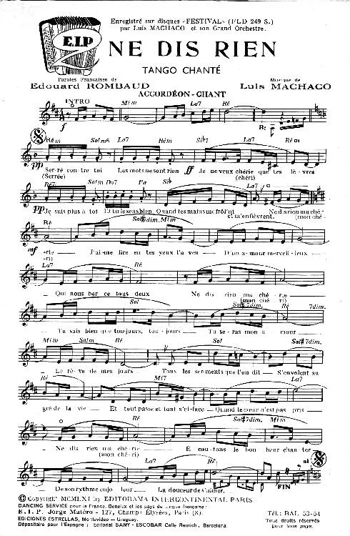 télécharger la partition d'accordéon Ne dis rien (Tango Chanté) au format PDF