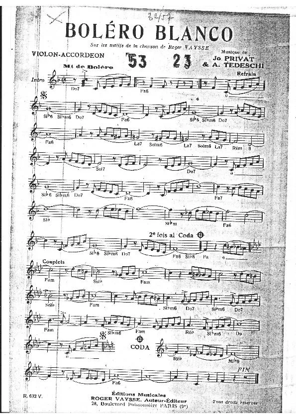 télécharger la partition d'accordéon Boléro Blanco (Sur les motifs de la chanson de Roger Vaysse) au format PDF