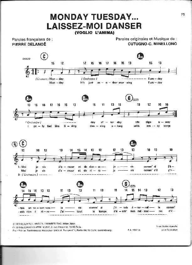 télécharger la partition d'accordéon Monday Tuesday Laissez moi danser (Voglio L'Anima) au format PDF