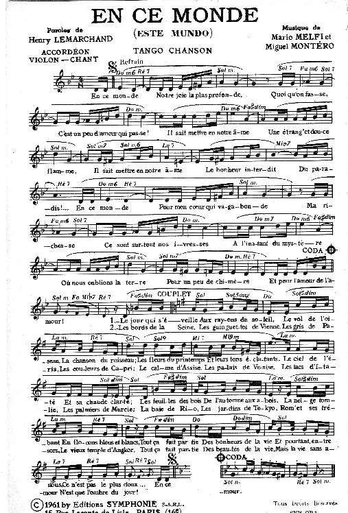 télécharger la partition d'accordéon En ce monde (Este Mundo) (Tango Chanté) au format PDF