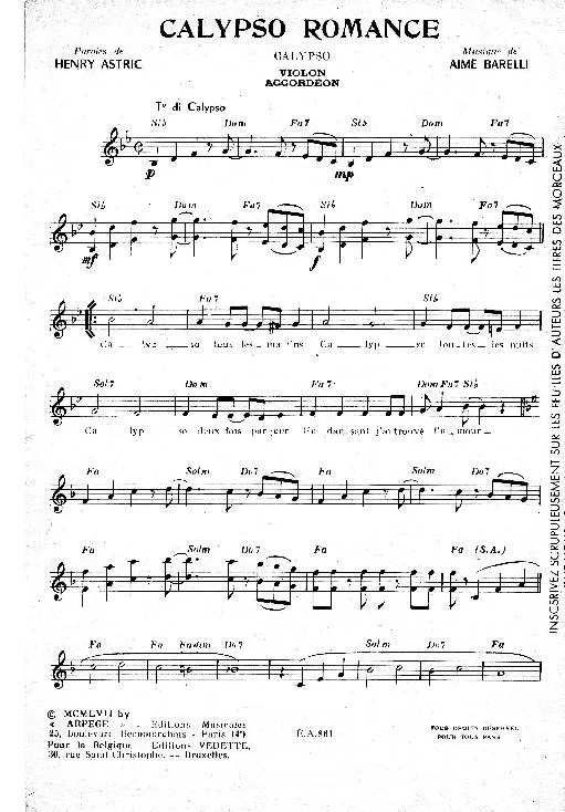 télécharger la partition d'accordéon Calypso Romance au format PDF
