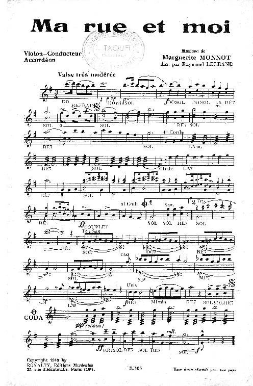 télécharger la partition d'accordéon Ma rue et moi (Arrangement Raymond Legrand) (Valse Chantée) au format PDF