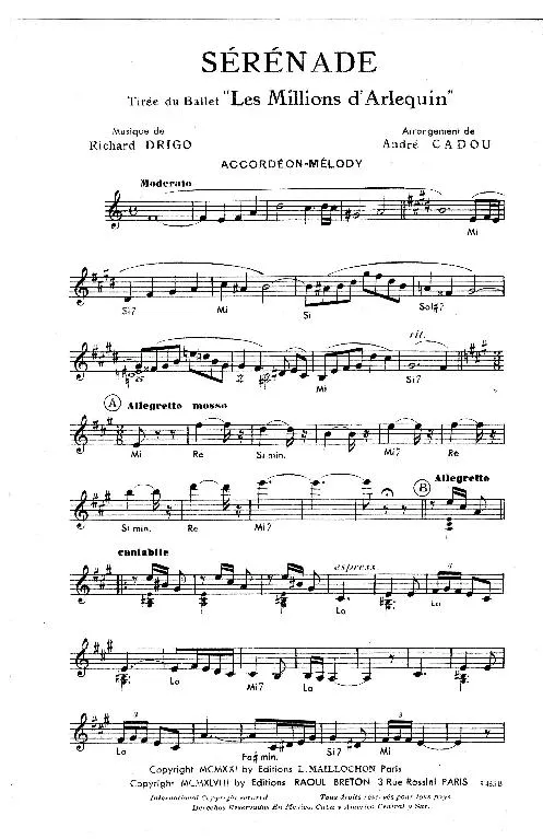 télécharger la partition d'accordéon Sérénade (Du ballet : Les millions d'Arlequin) (Arrangement André Cadou) au format PDF