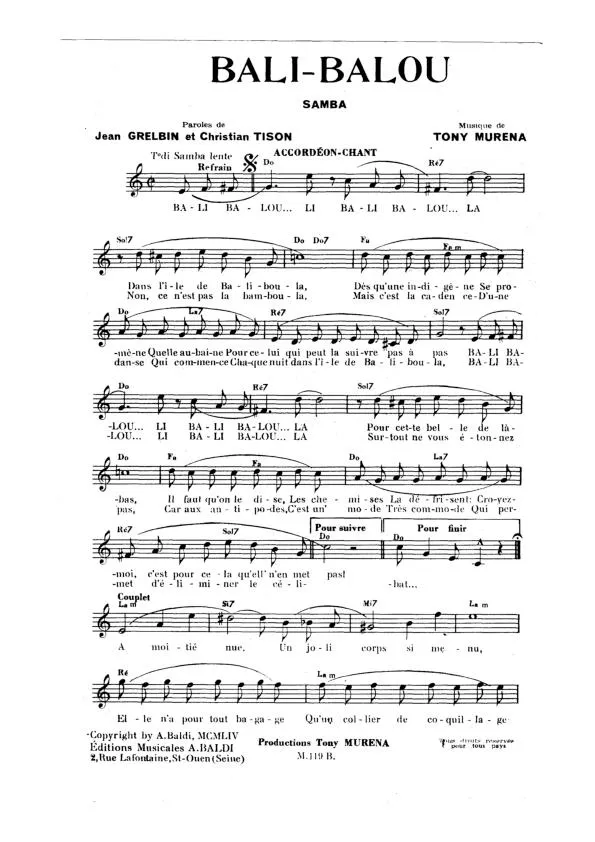 télécharger la partition d'accordéon Bali Balou (Samba) au format PDF