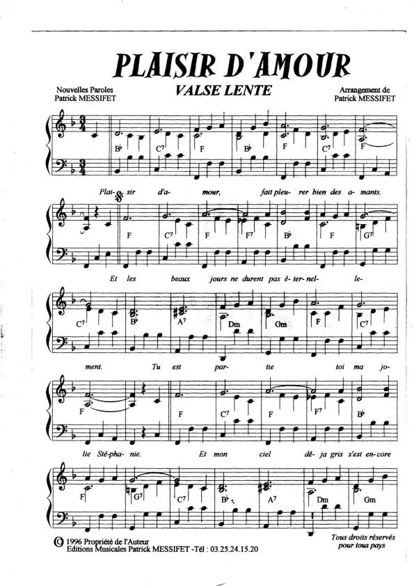 télécharger la partition d'accordéon Plaisir d'amour (Valse Lente) (Arrangement Patrick Messifet) au format PDF