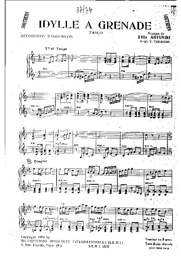 télécharger la partition d'accordéon Idylle à Grenade (Arrangement Yvonne Thomson) (Tango) au format PDF