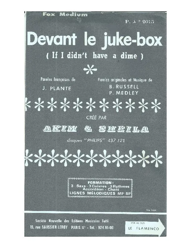 télécharger la partition d'accordéon Devant le Juke Box (If I didn't have a dime) (Créé par Akim & Sheila) (Fox) au format PDF