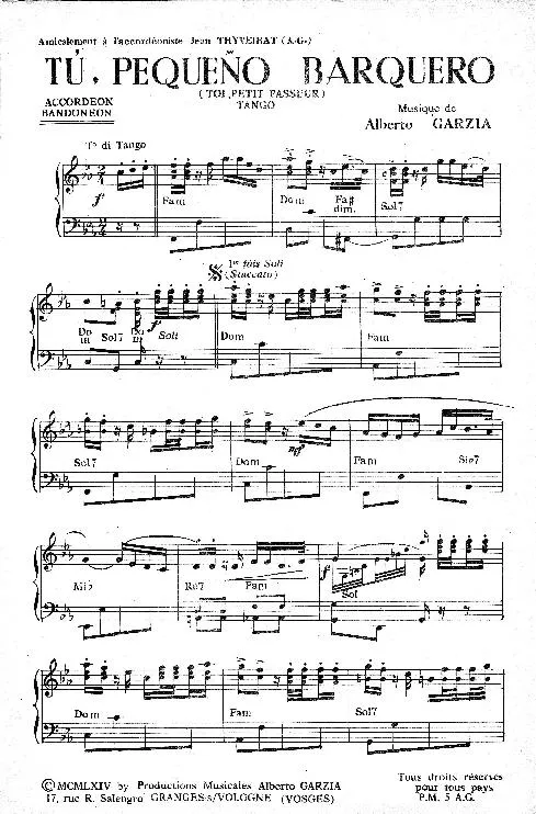 télécharger la partition d'accordéon Tu Pequeño Barquero (Toi petit passeur) (Tango) au format PDF