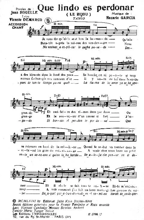 télécharger la partition d'accordéon Que lindo es perdonar (Le bijou) (Tango) au format PDF
