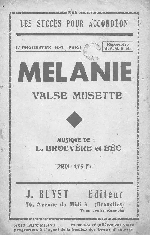 télécharger la partition d'accordéon Mélanie (Valse Musette) au format PDF