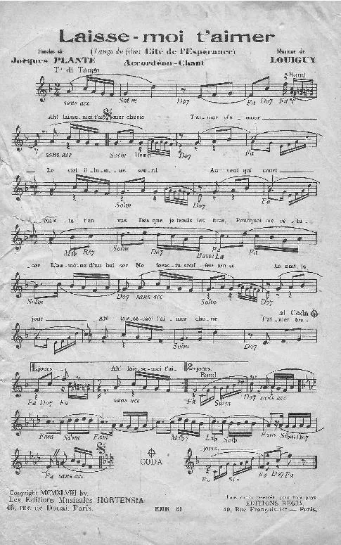 télécharger la partition d'accordéon Laisse moi t'aimer (Du film : Cité de l'espérance) (Tango Chanté) au format PDF